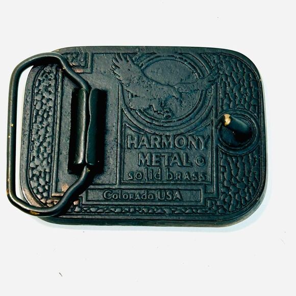 Vintage 70s/80s Harmony Metals Wooden Inlay and Solid Brass Western Belt Buckle - Picture 5 of 8